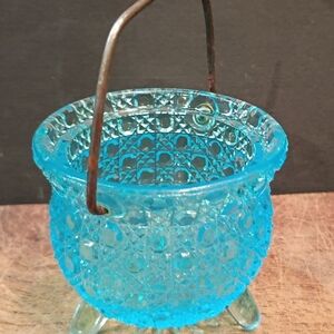 Vintage Blue Glass Basket with Handle